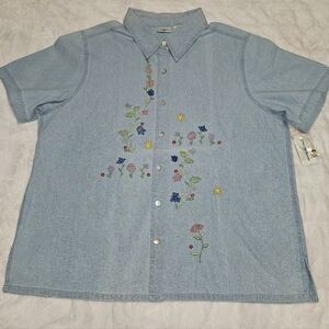 NWT Jenny Buchanan Floral Embroidered Light Blue Denim Chambray Shirt Size 2X